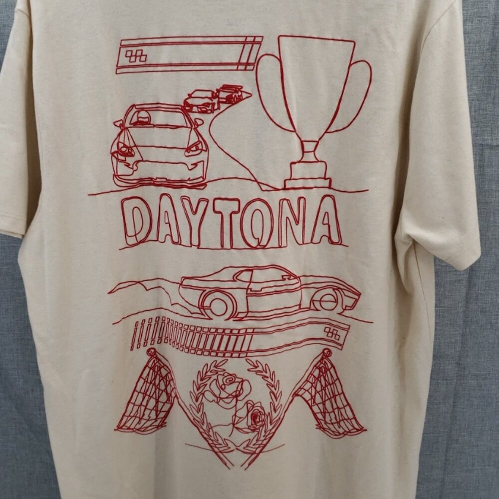 Vox Populi For The People DAYTONA Red Scribble Graphic Size Large Beige T Shirt